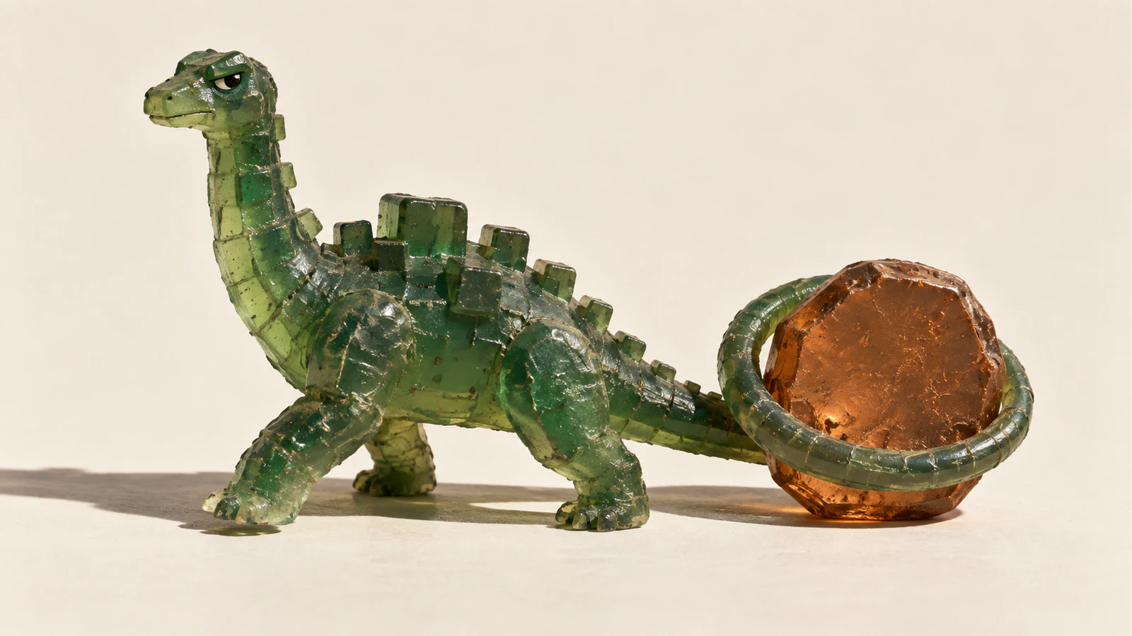 A skeptical green resin dinosaur with blocky scales curls its tail around a large blank copper-colored token. Scuffs, bubbles and a hard shadow give the ivory scene a handmade miniature feel.