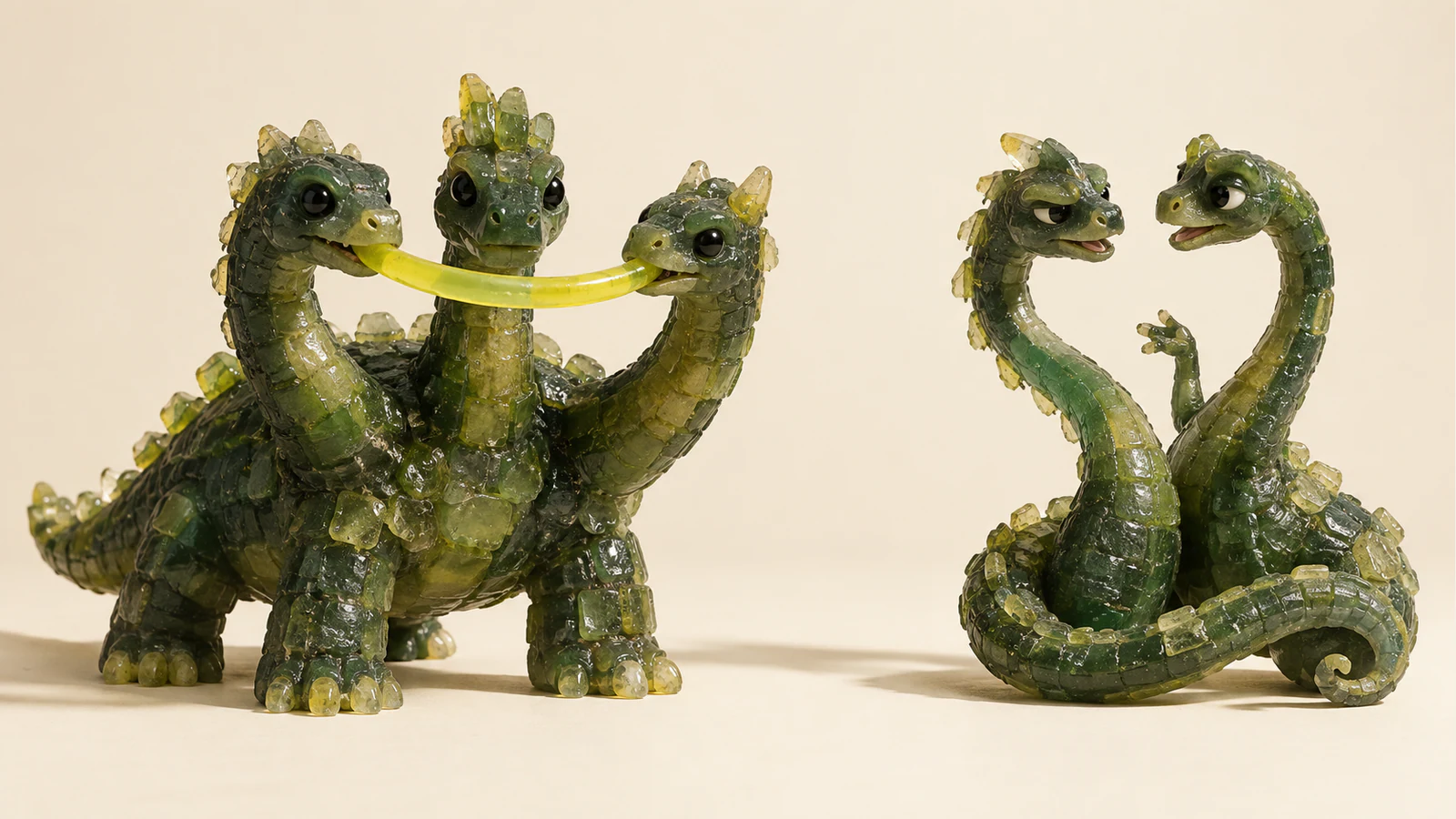 Two green resin dinosaur creatures on an ivory background: a stocky three-headed creature holds a curved yellow piece between its outer mouths, while a curled two-headed creature faces itself with a raised forepaw. Irregular scales, bubbles and cast shadows emphasize handmade construction.