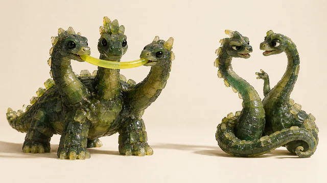 Two green resin dinosaur creatures on an ivory background: a stocky three-headed creature holds a curved yellow piece between its outer mouths, while a curled two-headed creature faces itself with a raised forepaw. Irregular scales, bubbles and cast shadows emphasize handmade construction.