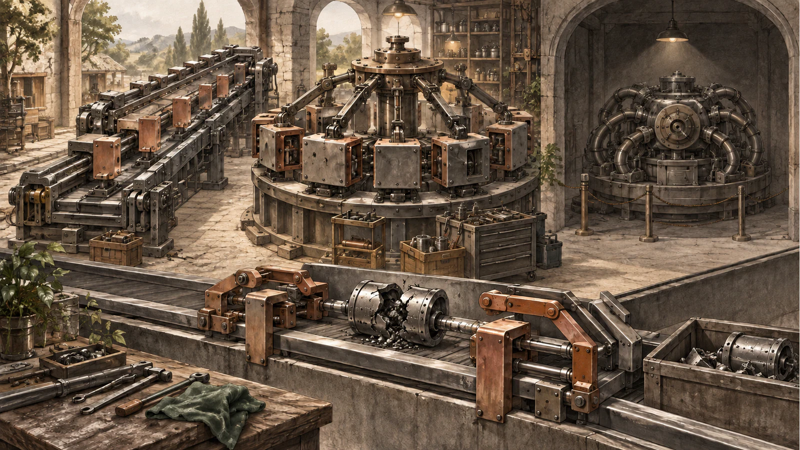 Three unattended orchestration machines—a linear conveyor, multi-arm coordinator, and isolated radial system—stand behind a broken component on a maintenance track.