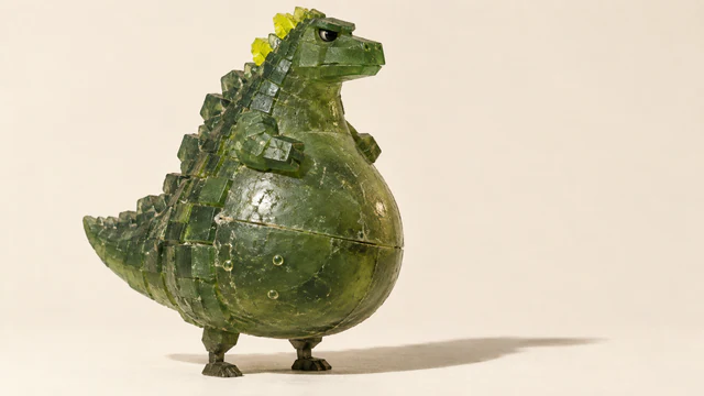 A bulky translucent green resin dinosaur stands on tiny feet against warm ivory, with blocky scales, yellow spines, a skeptical eye, visible bubbles and seams, and a long rightward shadow.