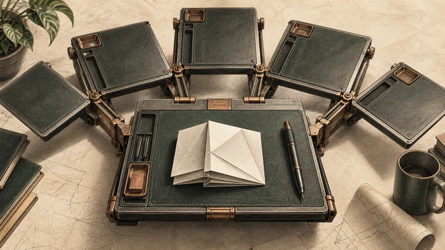 A precision editing tool and folded paper construction sit on a modular work surface that extends into additional bays.