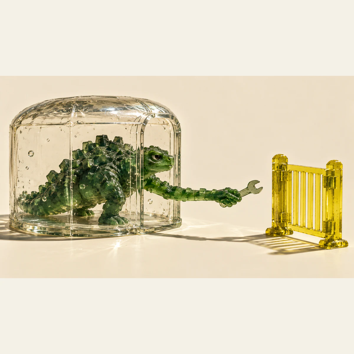 A skeptical green resin dinosaur inside a clear enclosure extends a long arm through its open doorway, holding a wrench toward a separate yellow gate on an ivory background.