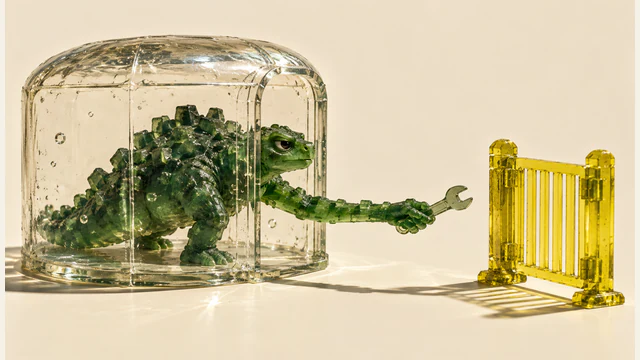 A skeptical green resin dinosaur inside a clear enclosure extends a long arm through its open doorway, holding a wrench toward a separate yellow gate on an ivory background.