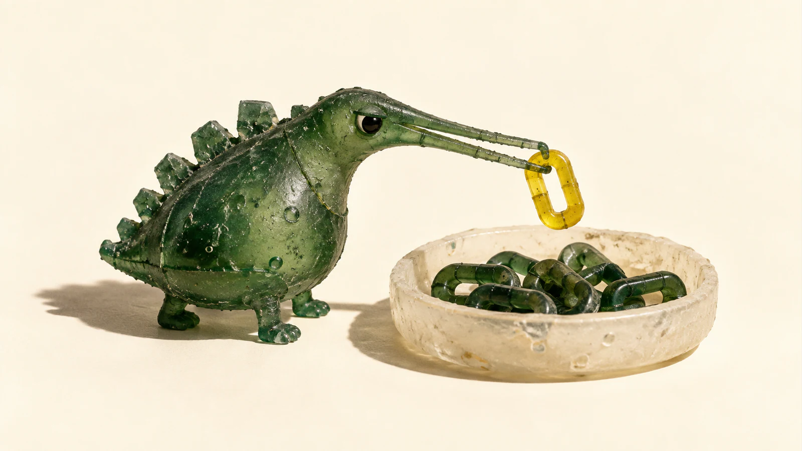 A bubble-speckled green resin dinosaur with a skeptical eye lifts a yellow link with its tweezer-like snout above an ivory dish of green links, casting hard shadows on a warm ivory background.