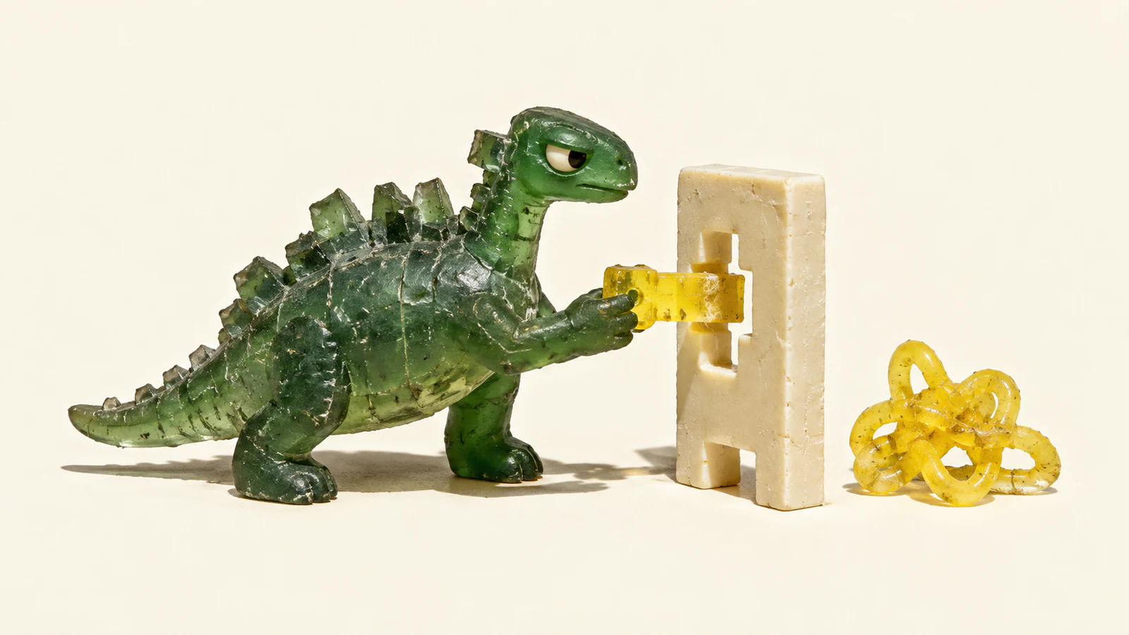 A skeptical translucent green resin dinosaur pushes a yellow keyed peg into an ivory gate. A separate yellow tangle rests beside it, with hard shadows on a warm ivory background.