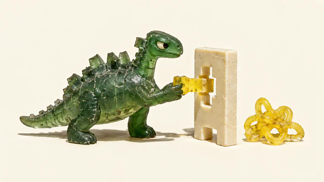 A skeptical translucent green resin dinosaur pushes a yellow keyed peg into an ivory gate. A separate yellow tangle rests beside it, with hard shadows on a warm ivory background.