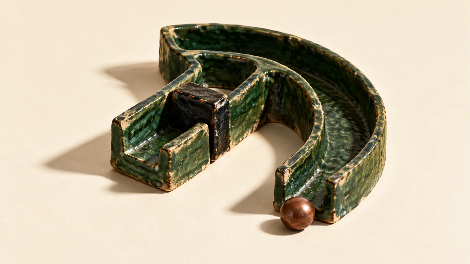 A chipped forest-green ceramic channel forks into a passage blocked by a black stopper and an open curved route. A copper-colored bead rests at the open outlet on an ivory surface with strong shadows.