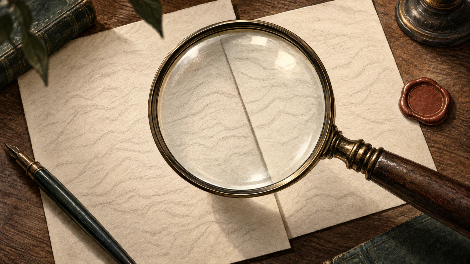 A brass magnifier examines similar marbled fiber patterns on overlapping sheets while an unused plain inspection seal rests nearby.