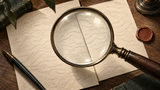 A brass magnifier examines similar marbled fiber patterns on overlapping sheets while an unused plain inspection seal rests nearby.