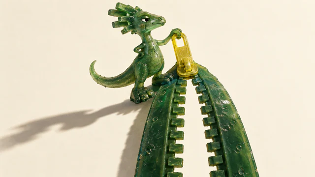 A green resin dinosaur with a skeptical eye holds an oversized yellow zipper pull while the green teeth below remain separated. Bubbles, scuffs and long shadows texture the ivory scene.