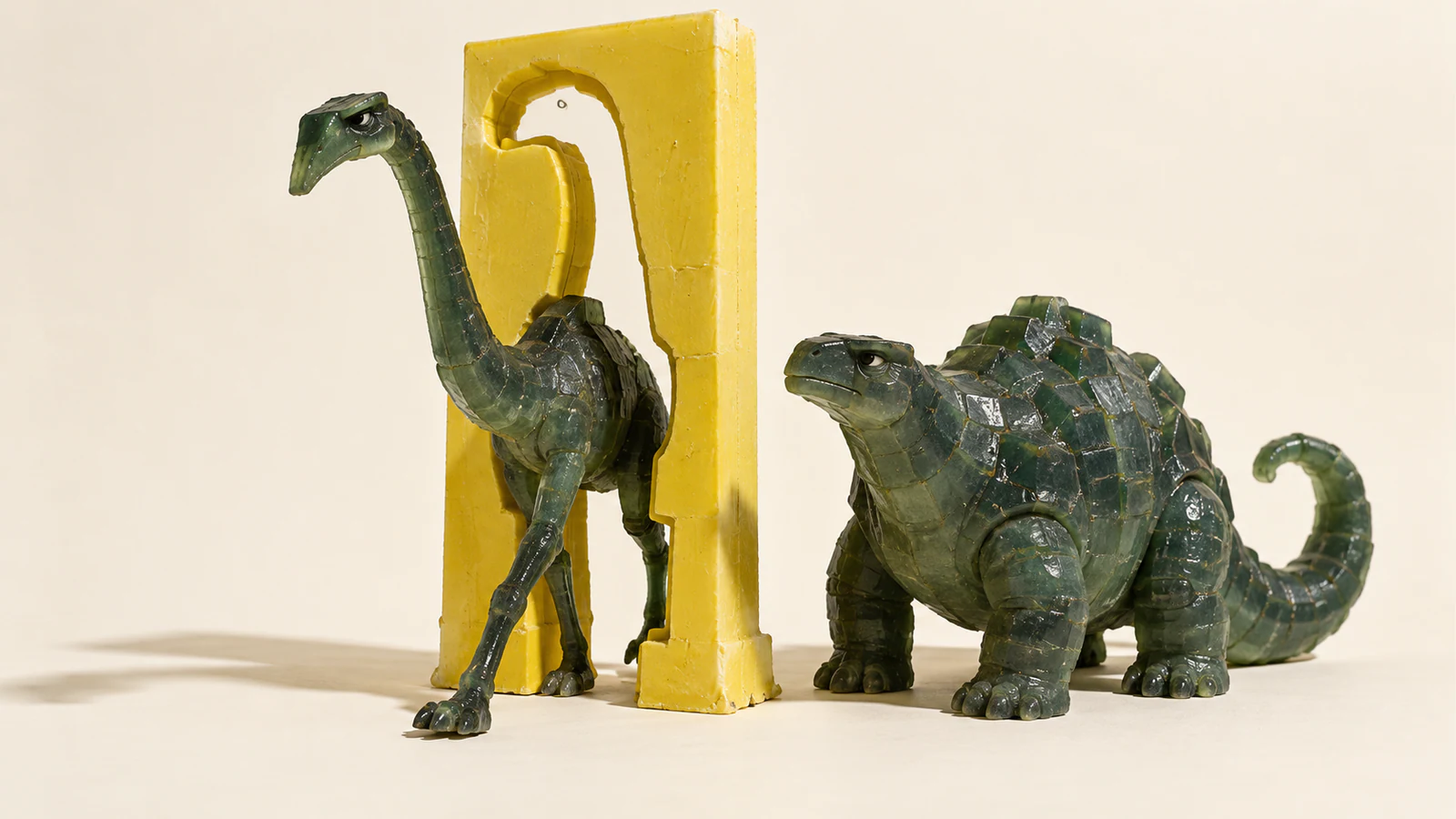A slender green resin dinosaur steps through a yellow dinosaur-shaped doorway while a squat, broad-backed companion stands beside it, casting shadows on an ivory surface.