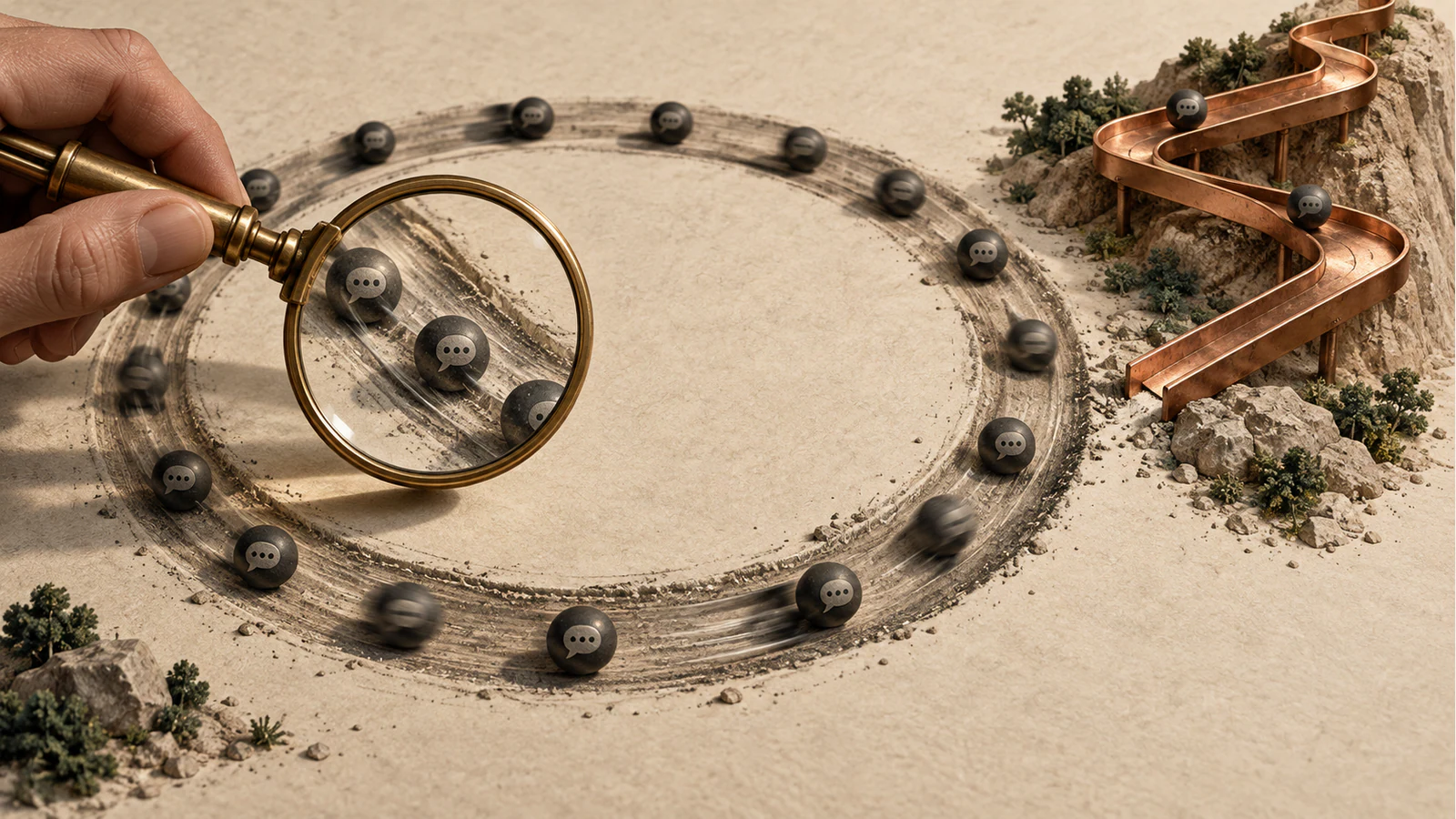 Conversation tokens circle a worn practice groove while a brass lens studies individual paths and a copper adaptation ramp rises nearby.