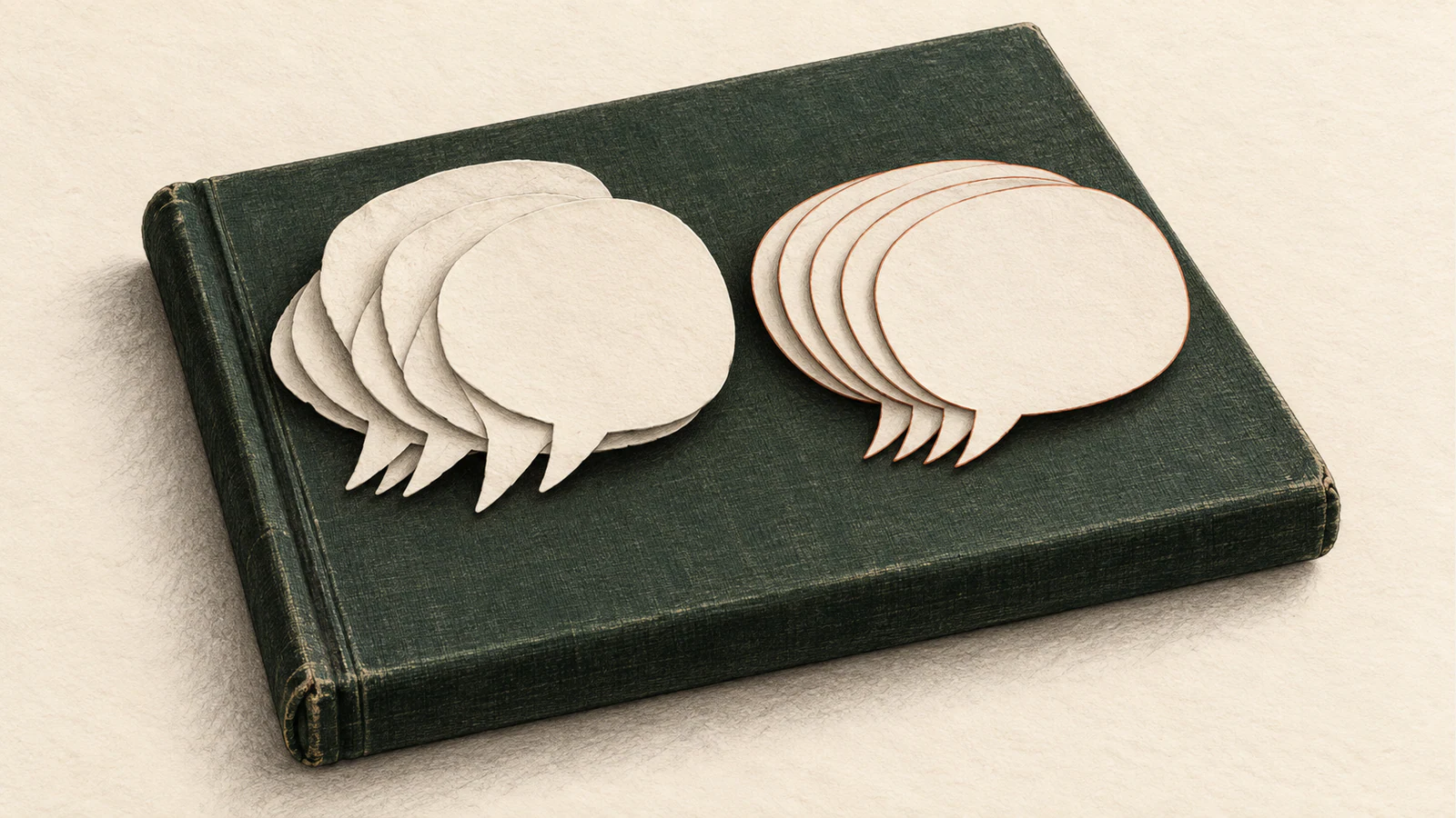 Two groups of blank paper speech bubbles rest on a worn forest-green book: varied shapes on the left and more uniform, copper-edged shapes on the right, against warm ivory paper.