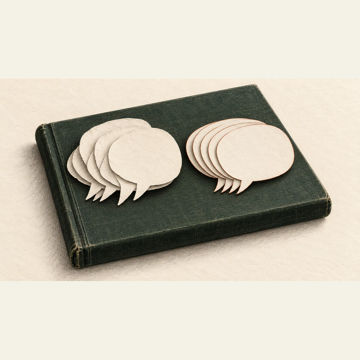 Two groups of blank paper speech bubbles rest on a worn forest-green book: varied shapes on the left and more uniform, copper-edged shapes on the right, against warm ivory paper.