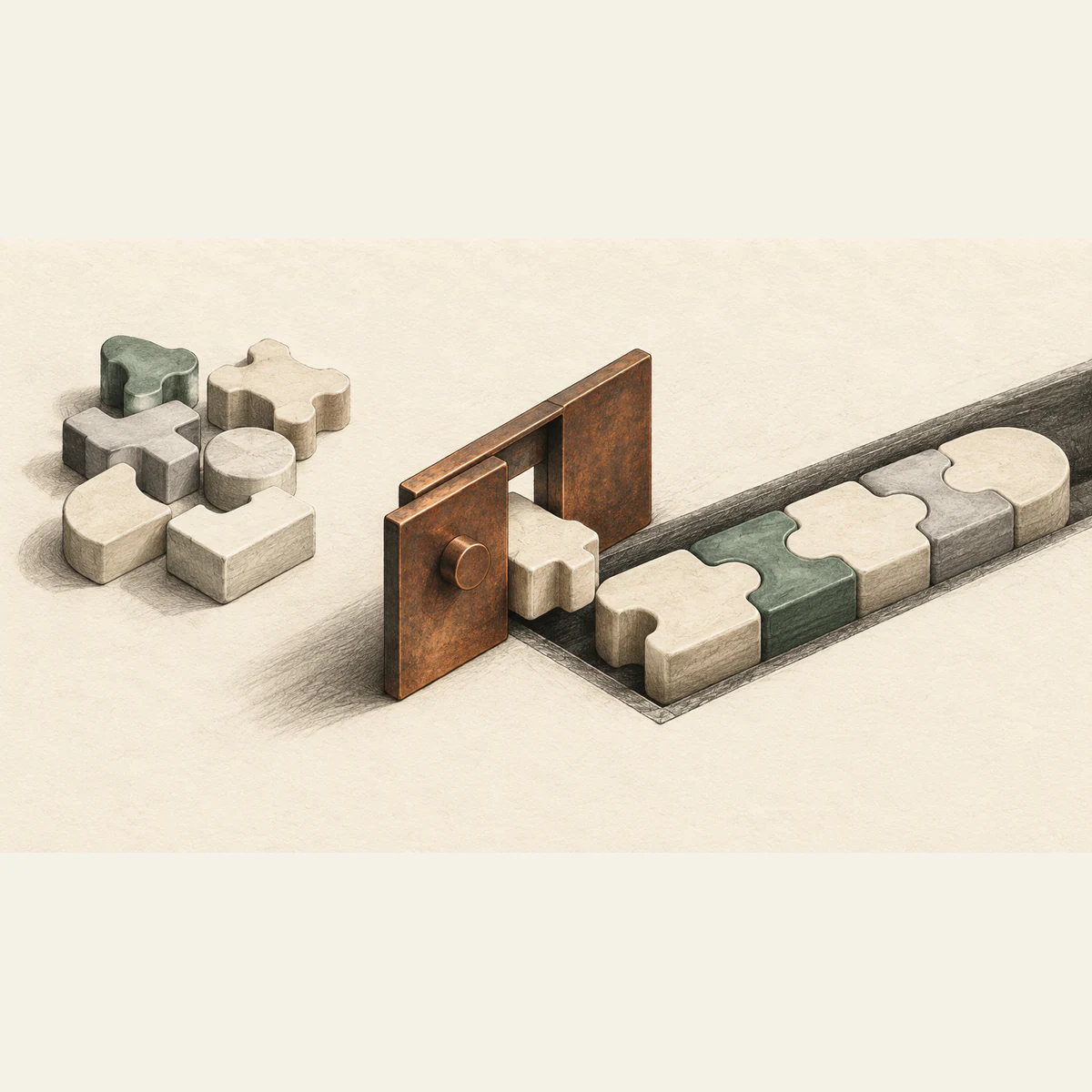 A partly open copper gate admits an ivory puzzle piece toward an interlocking ivory, gray and green sequence. Loose ceramic pieces wait beside it on textured ivory paper.