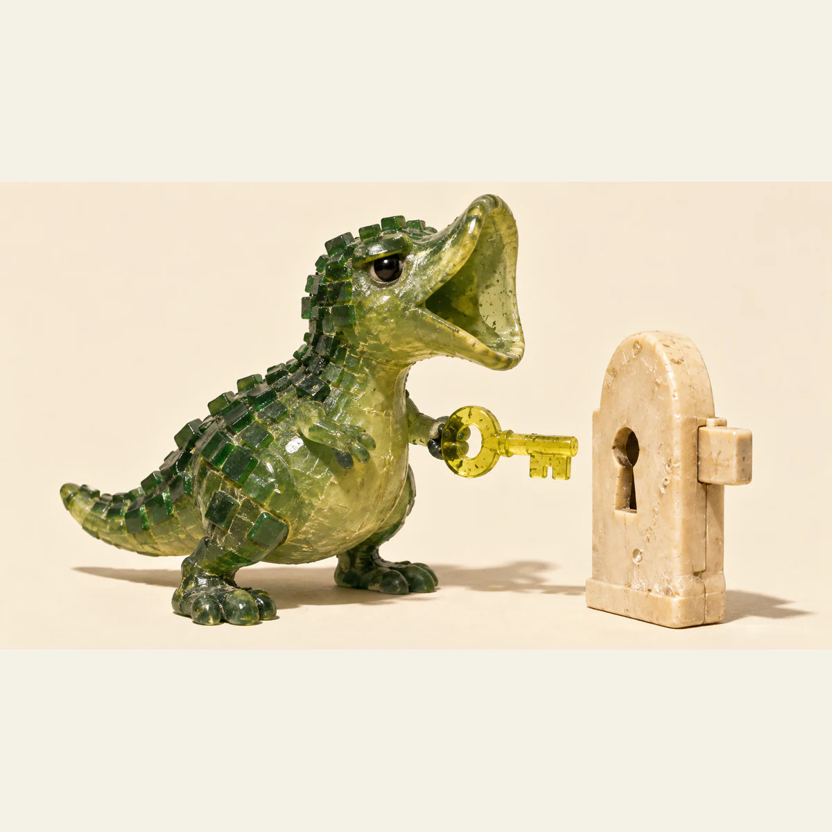 A translucent green resin dinosaur with an open mouth holds a yellow key just short of an ivory freestanding lock, casting hard shadows on a warm ivory background.