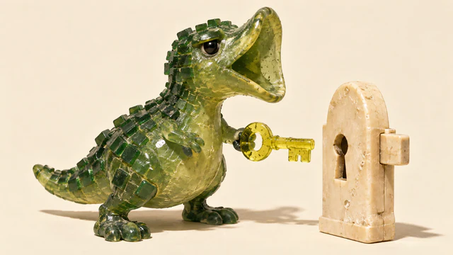 A translucent green resin dinosaur with an open mouth holds a yellow key just short of an ivory freestanding lock, casting hard shadows on a warm ivory background.