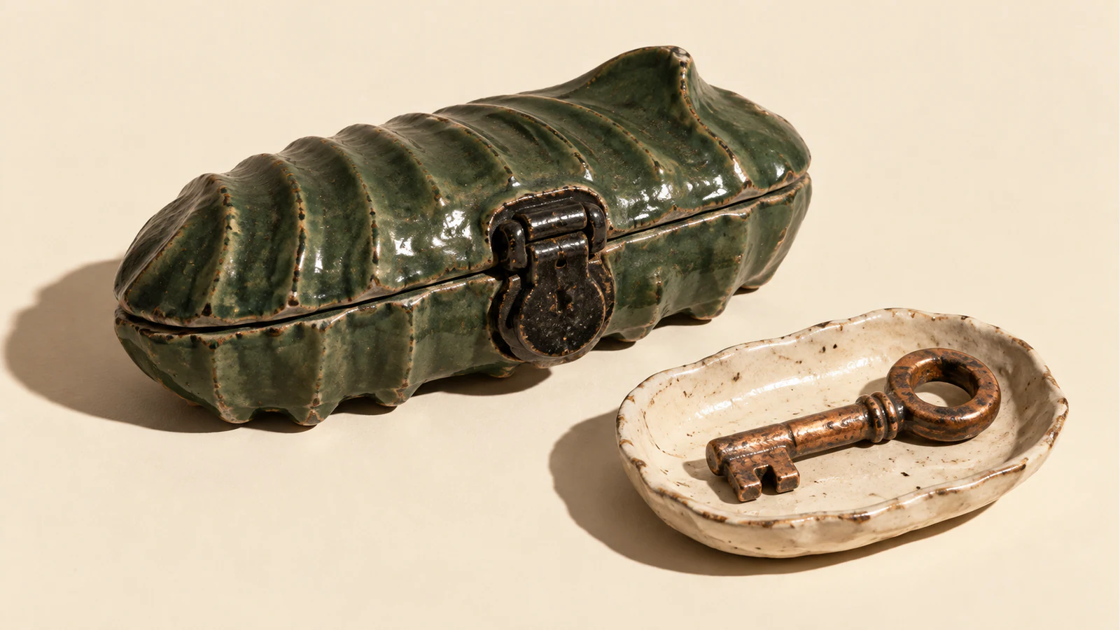 A ribbed forest-green ceramic casket sits latched shut beside a copper-colored ceramic key in an ivory dish. Uneven glaze and hard shadows give the scene a handmade quality against a warm ivory background.