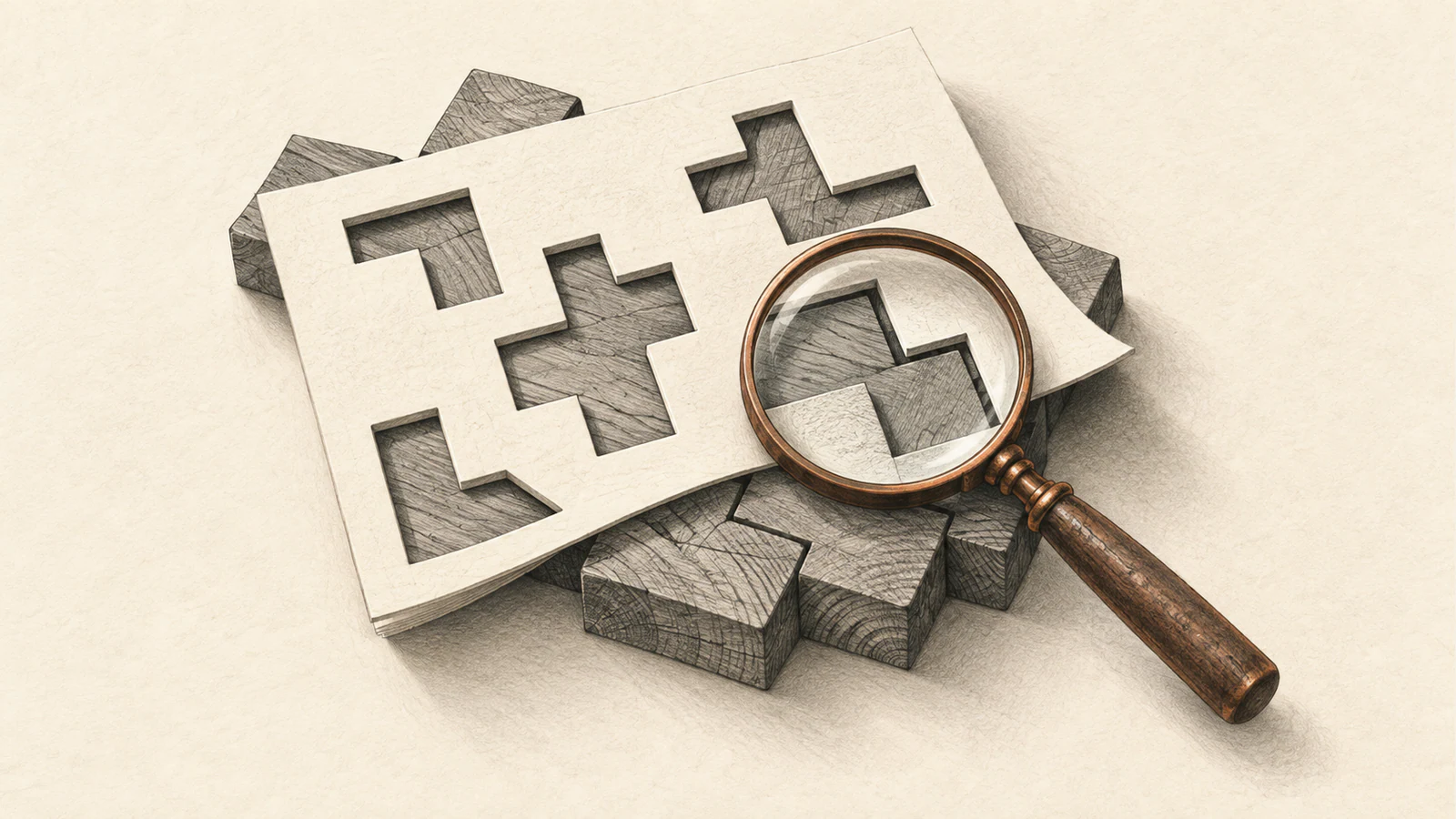 An ivory paper template with angular cutouts rests over interlocking wooden pieces. A copper-rimmed magnifying glass enlarges their overlapping edges, rendered in graphite shading on warm ivory.
