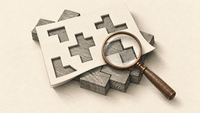 An ivory paper template with angular cutouts rests over interlocking wooden pieces. A copper-rimmed magnifying glass enlarges their overlapping edges, rendered in graphite shading on warm ivory.