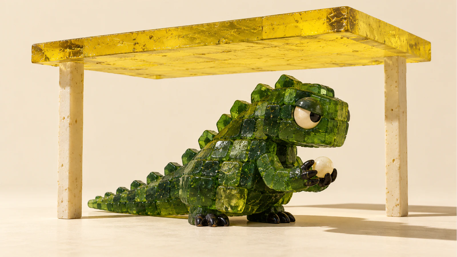 A skeptical green resin dinosaur holds an ivory pellet beneath a translucent yellow ceiling, with visible clearance above its back, on a warm ivory background.