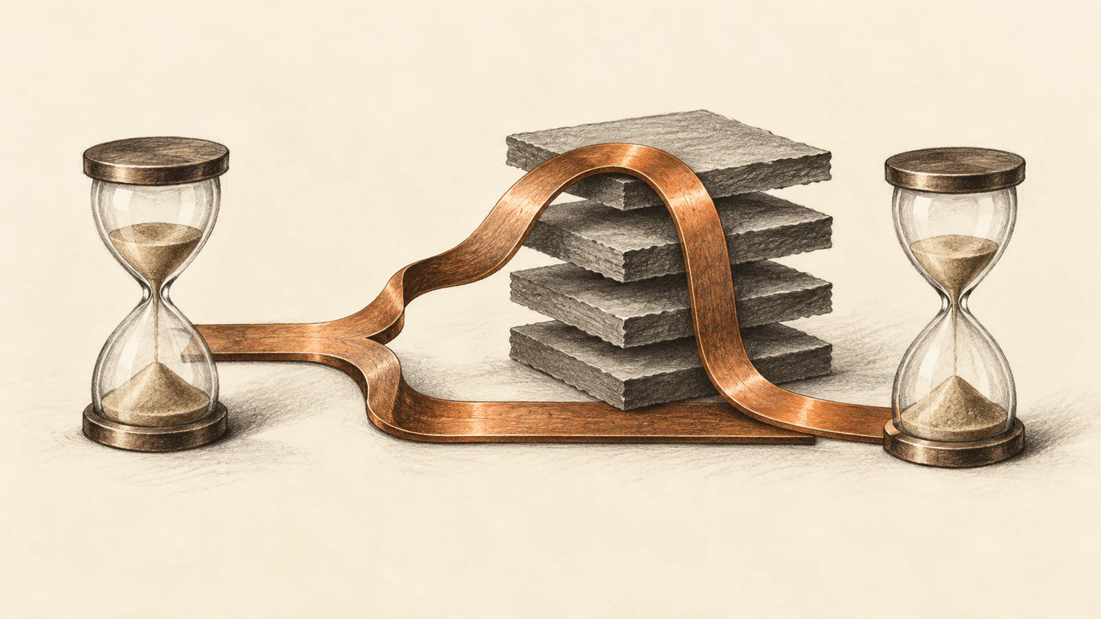 Two hourglasses flank a stack of rough charcoal-colored layers. A copper ribbon forks, with one branch arching over the stack and another passing beneath it, on warm ivory paper.