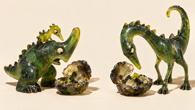 Two green miniature dinosaur scenes: a yellow helper directs one creature toward an open clamshell, while another creature inspects its own clamshell independently.