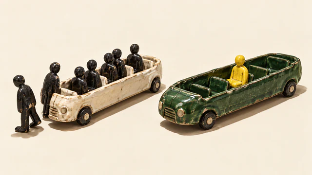 Two chipped ceramic passenger vehicles on an ivory background: an ivory vehicle holds several black figures, with two more beside it, while a green vehicle carries one yellow figure surrounded by empty seats.