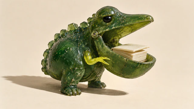 A scuffed translucent green dinosaur cradles an intact ivory book in its oversized open jaw. Tiny yellow pincer fingers hover beside it, against a warm ivory background with a hard cast shadow.