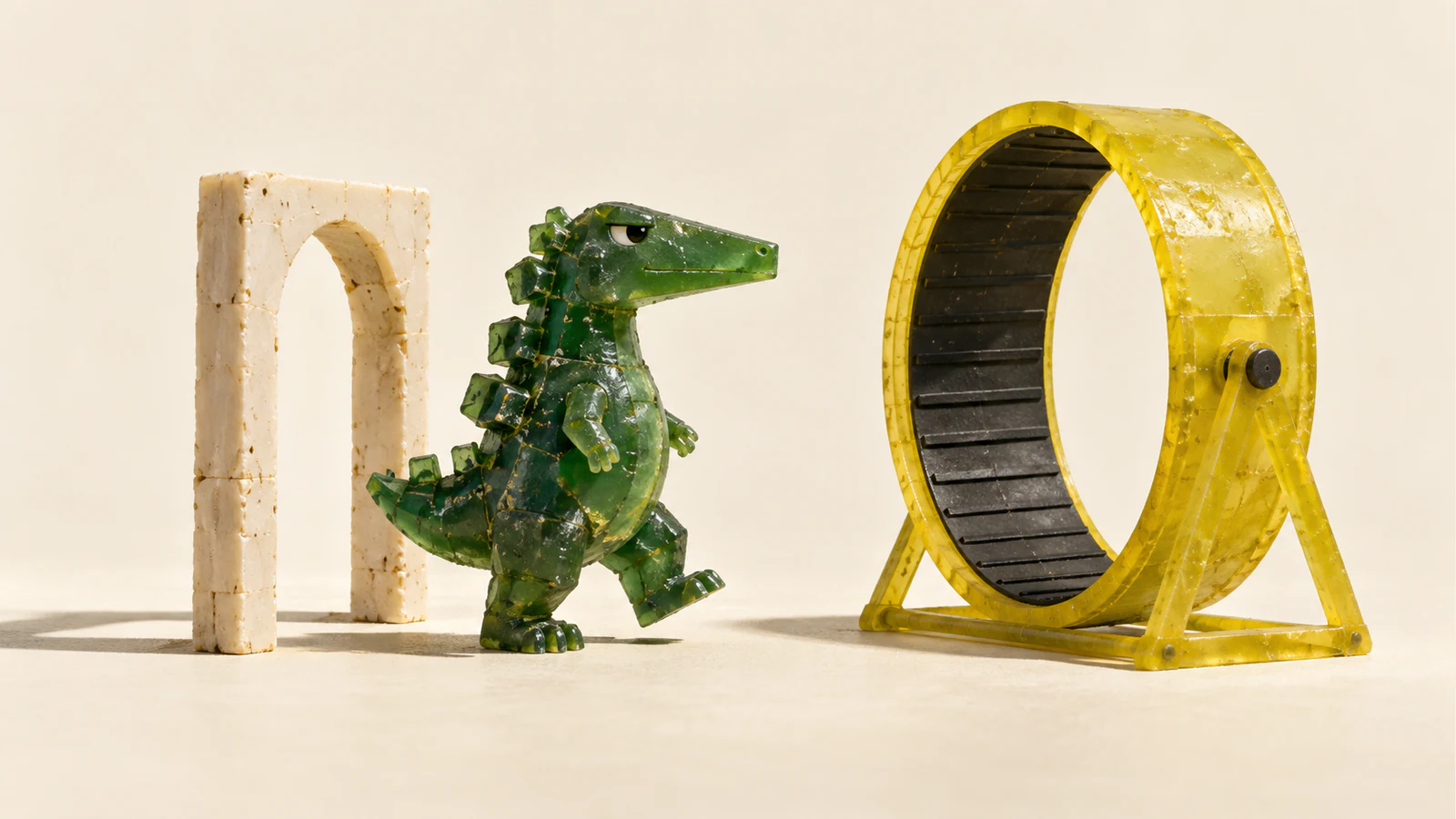 A scuffed translucent green dinosaur lifts one foot between an ivory doorway and a separate yellow exercise wheel, casting hard shadows on a warm ivory surface.
