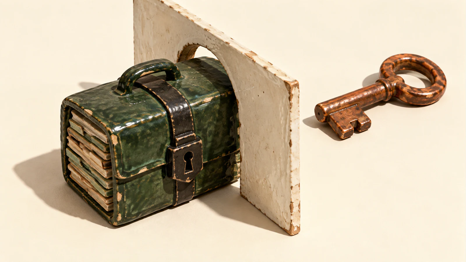 A weathered green ceramic archive case packed with layered files straddles an ivory partition. A black clasp locks the case, while a copper-colored ceramic key lies beyond the partition.