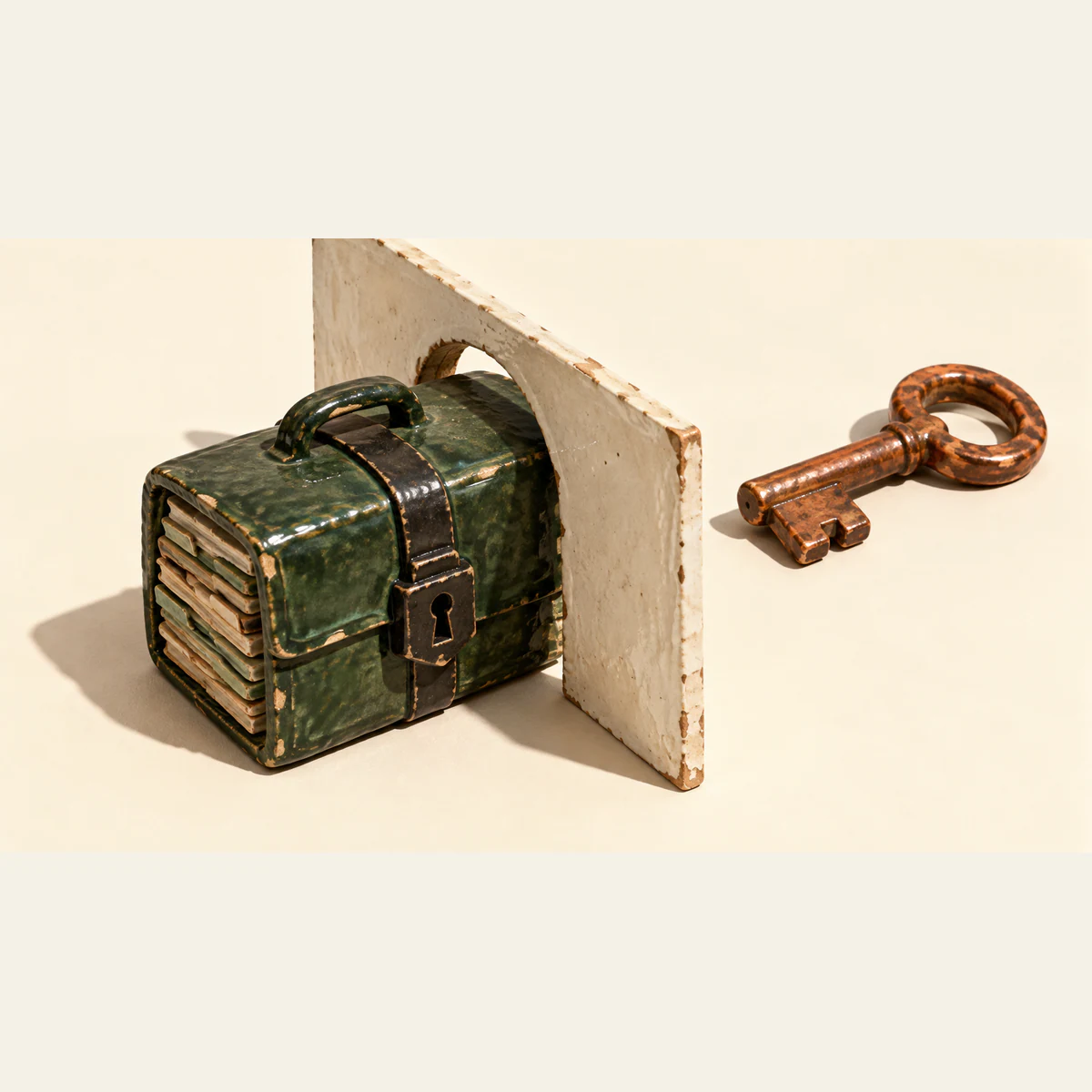 A weathered green ceramic archive case packed with layered files straddles an ivory partition. A black clasp locks the case, while a copper-colored ceramic key lies beyond the partition.