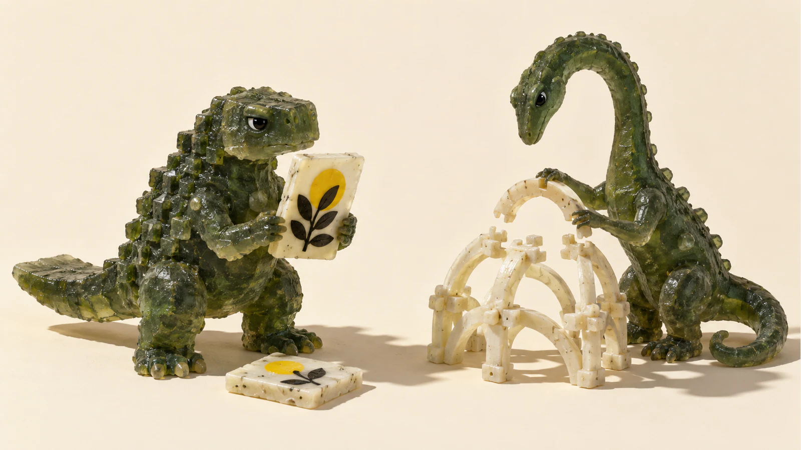 Two green resin dinosaurs work separately on an ivory surface. A squat dinosaur holds a tile decorated with a yellow sun and black leaves; a long-necked dinosaur fits an arch onto an ivory modular structure.