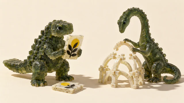 Two green resin dinosaurs work separately on an ivory surface. A squat dinosaur holds a tile decorated with a yellow sun and black leaves; a long-necked dinosaur fits an arch onto an ivory modular structure.