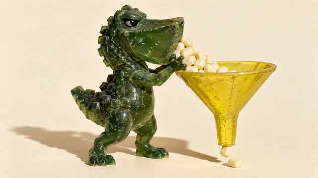 A skeptical green resin dinosaur pushes ivory pellets into a yellow funnel, with two pellets below its narrow spout. Handmade seams, bubbles and hard shadows stand out against a warm ivory background.