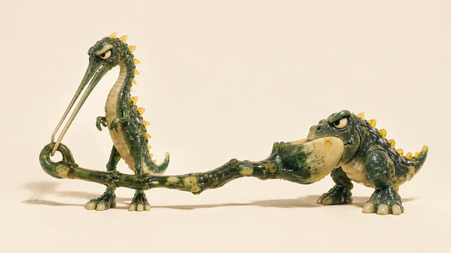 Two green resin dinosaurs with yellow spines handle a branch-shaped object on an ivory background: a tall creature inserts its narrow snout through a loop, while a squat creature grips the broad opposite end.