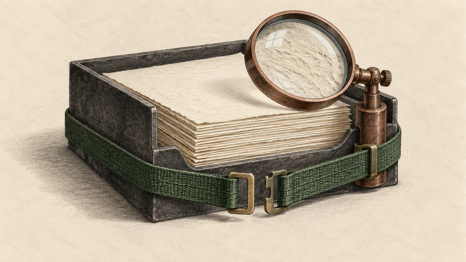 A copper magnifying lens examines blank papers inside a charcoal archive tray. A green woven strap surrounds the tray and lens mount, its front clasp open, against textured ivory paper.
