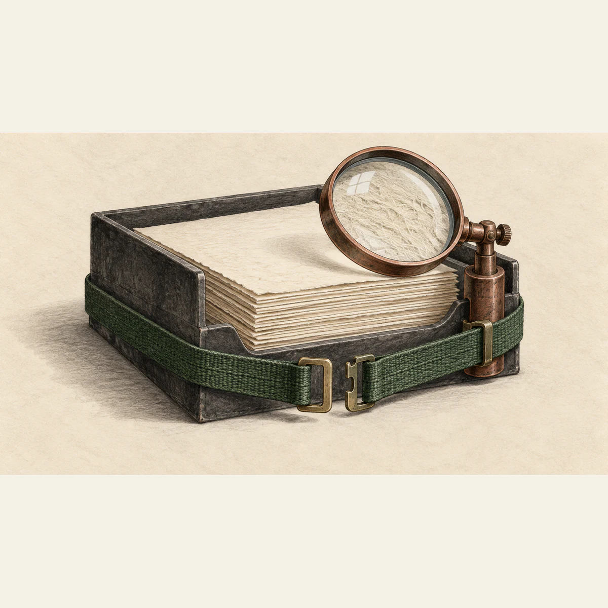 A copper magnifying lens examines blank papers inside a charcoal archive tray. A green woven strap surrounds the tray and lens mount, its front clasp open, against textured ivory paper.