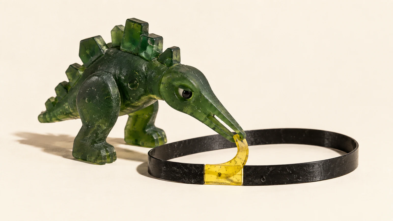 A translucent forest-green resin dinosaur grips a raised yellow splice in a black tape loop, casting a hard shadow across an ivory background.