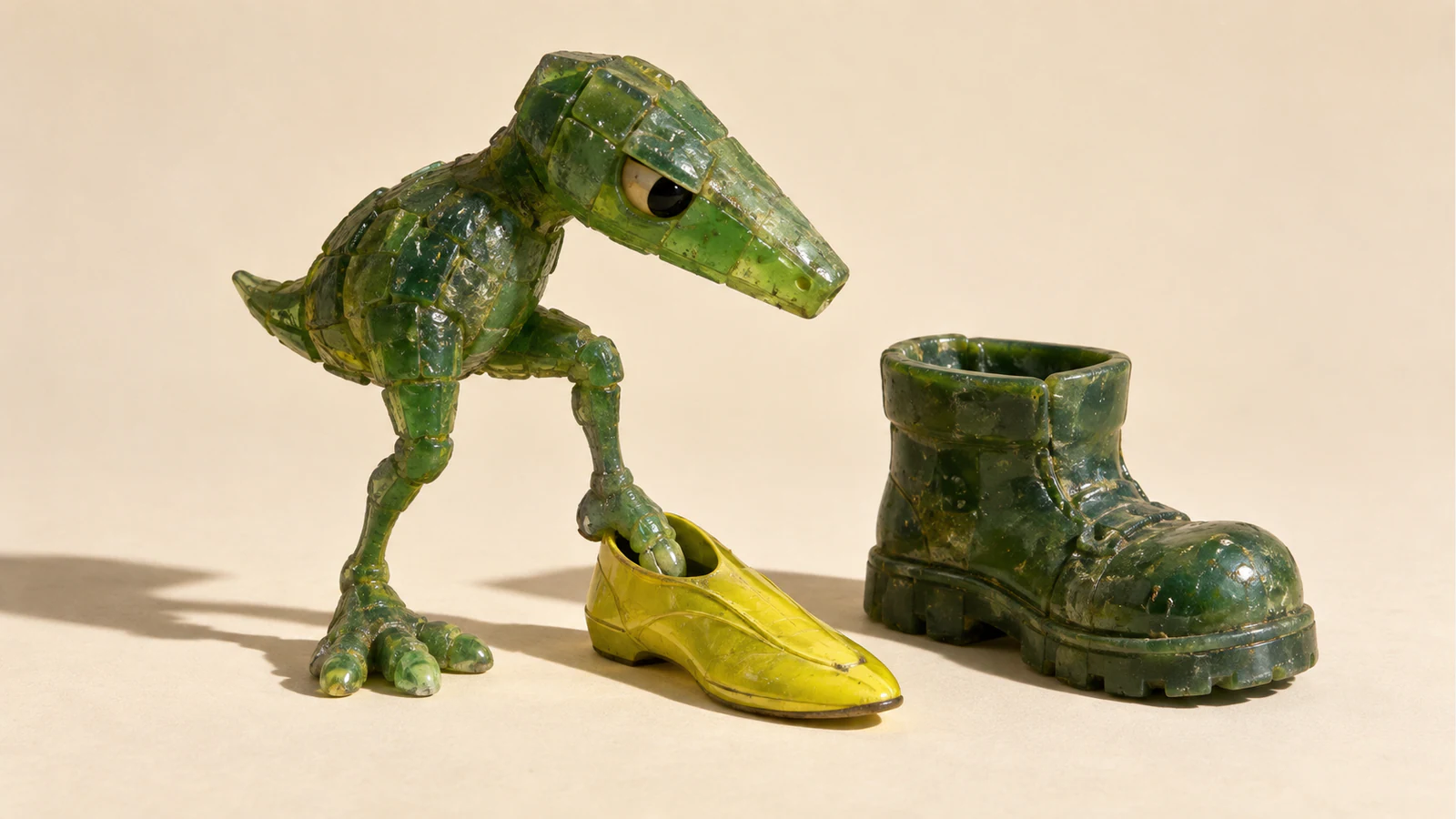 A skeptical green resin dinosaur tests a pointed yellow shoe beside a broad green boot, casting hard shadows across an ivory surface.