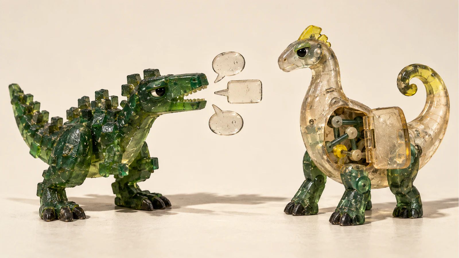 Two handmade resin dinosaurs face each other on an ivory surface. A squat green dinosaur has three blank speech bubbles beside its mouth; a clear, curled-tail dinosaur exposes internal joints through an open belly panel.