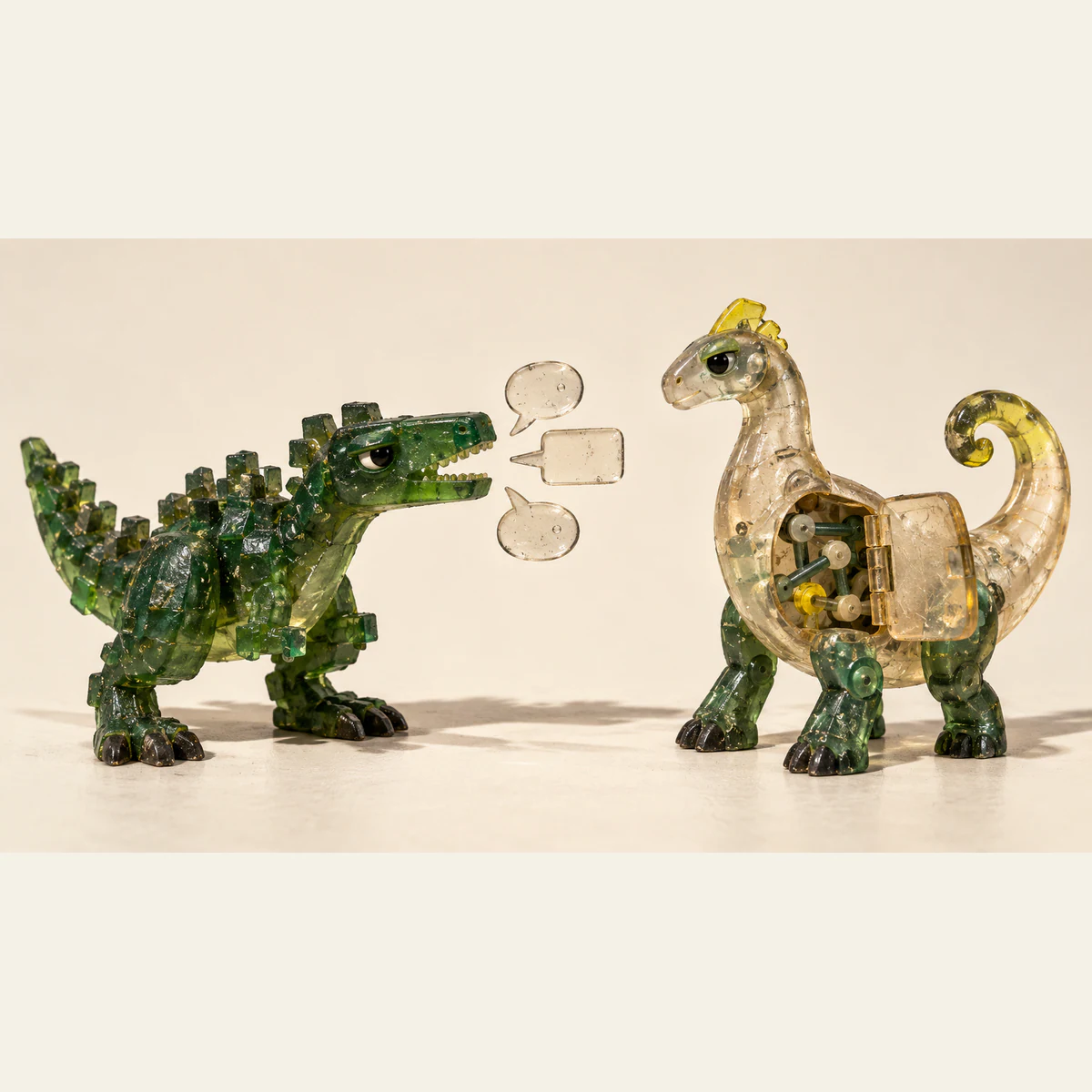 Two handmade resin dinosaurs face each other on an ivory surface. A squat green dinosaur has three blank speech bubbles beside its mouth; a clear, curled-tail dinosaur exposes internal joints through an open belly panel.
