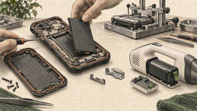 A phone battery lifts from a gasketed chassis beside an appliance with a hand-removable battery.
