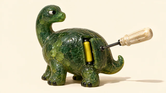 A skeptical green resin dinosaur has a yellow battery visible behind a partly opened flank hatch, with a screwdriver engaged in its screw, against an ivory background.