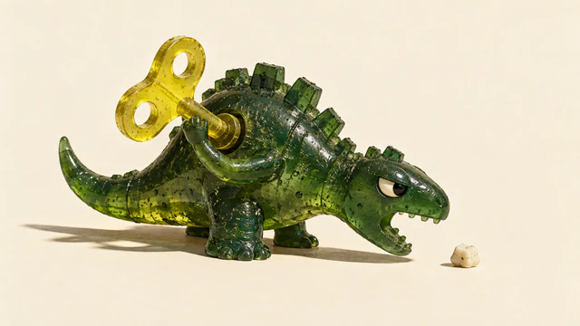 A translucent forest-green resin dinosaur grips an oversized yellow wind-up key in its side, mouth open toward a tiny ivory morsel. Bubbles, seams and hard shadows texture the warm ivory scene.