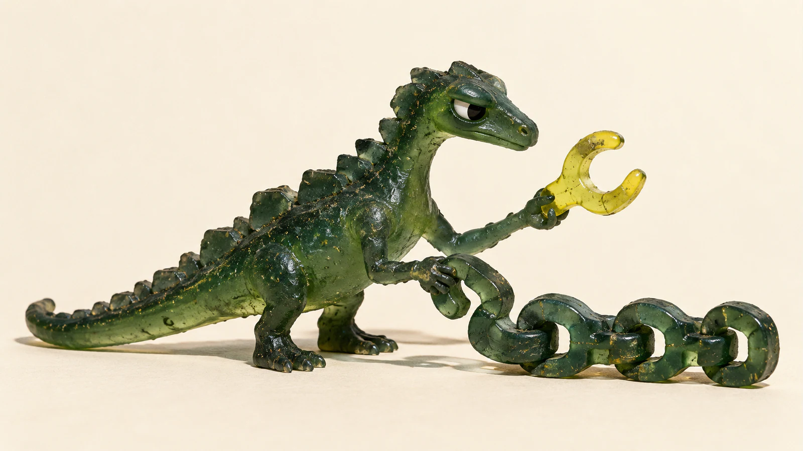 A skeptical translucent green resin dinosaur grips a short green chain while holding a yellow forked piece apart, on a warm ivory background with hard shadows.