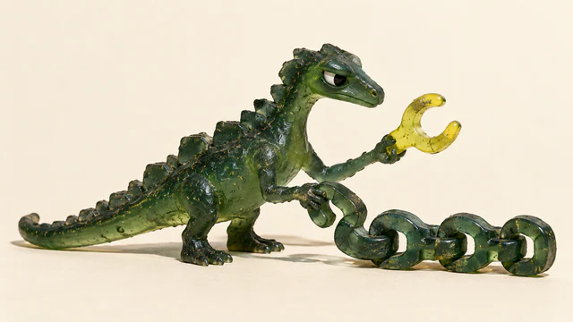 A skeptical translucent green resin dinosaur grips a short green chain while holding a yellow forked piece apart, on a warm ivory background with hard shadows.