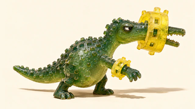A skeptical green resin dinosaur stands on ivory, with a small yellow collar around its extended forearm and a much larger collar encircling its open snout. Bubbles, rough scales and hard shadows emphasize the handmade miniature.