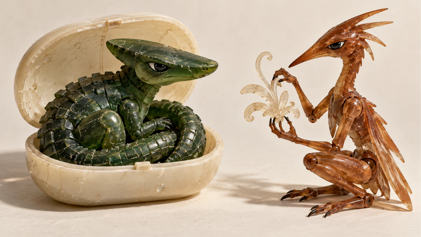 A scuffed green resin dinosaur curls inside an open ivory case while a slender copper-colored creature carefully holds a translucent floral flourish. Both cast shadows on a warm ivory surface.